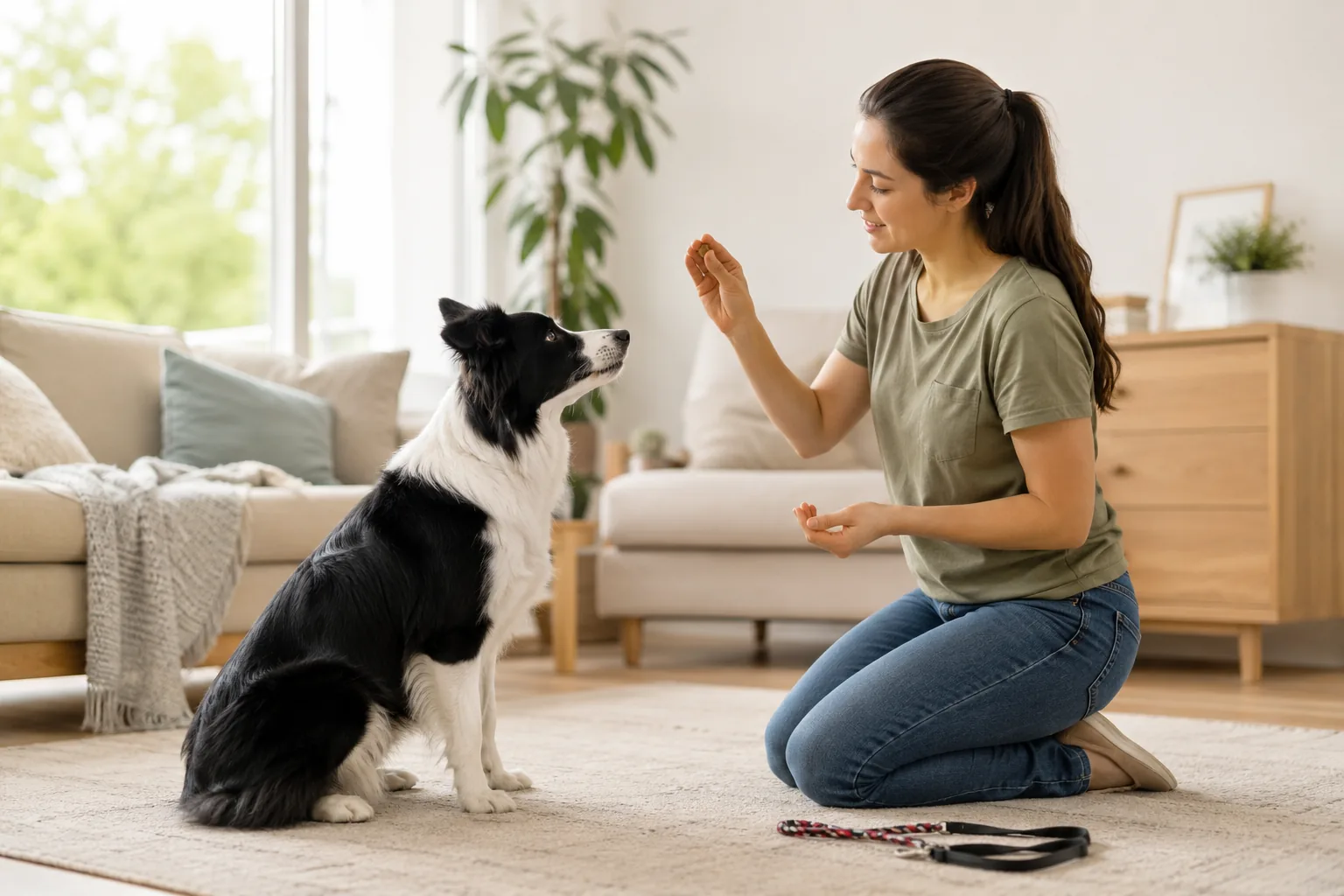 Tutor adestrando cachorro com reforço positivo em ambiente doméstico