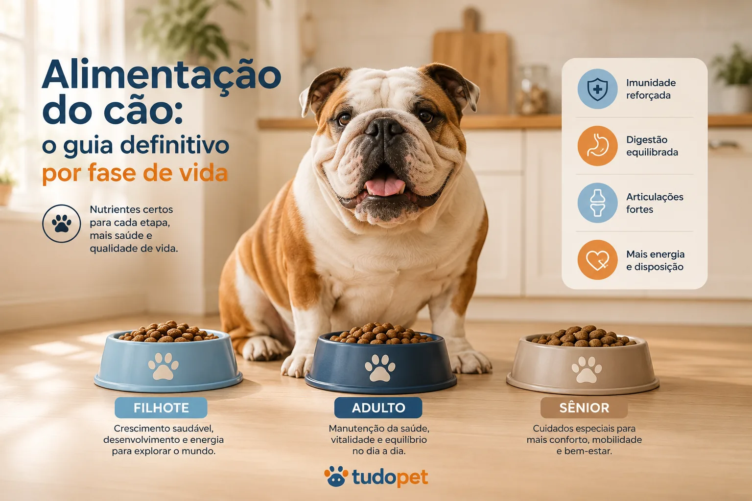 Cão em diferentes fases da vida ao lado de tigela com ração equilibrada