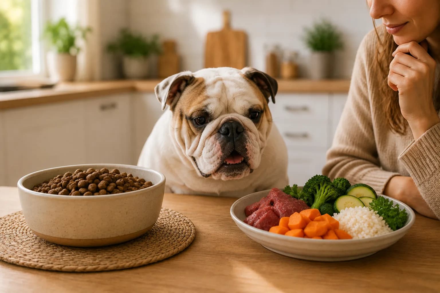 Comparação entre tigela de alimentação natural caseira e ração industrial para cães