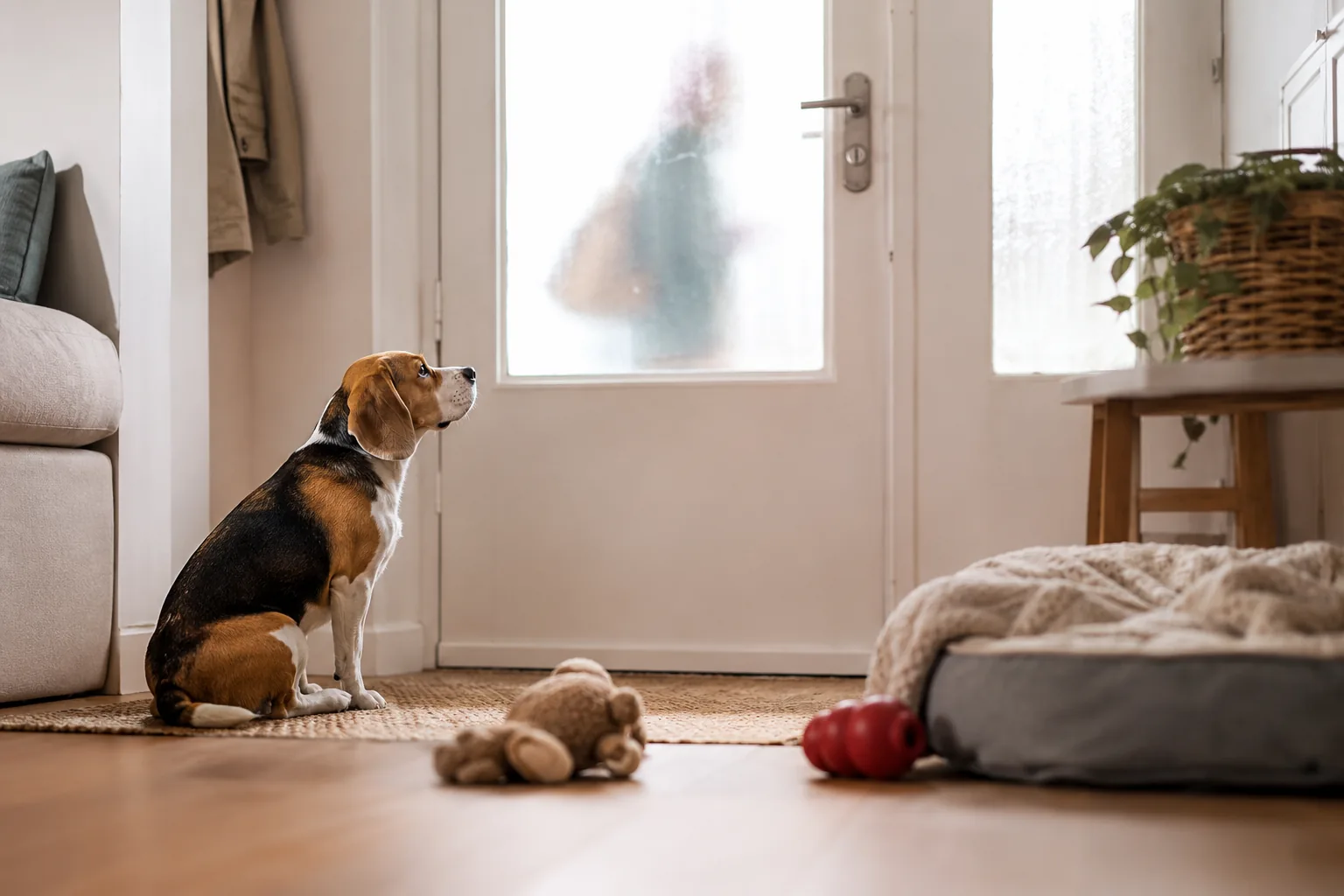 Cachorro triste olhando pela janela demonstrando ansiedade de separação