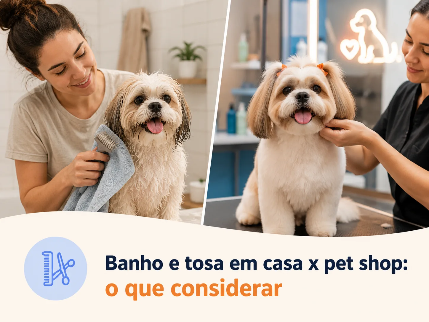Cachorro recebendo banho e tosa profissional em pet shop