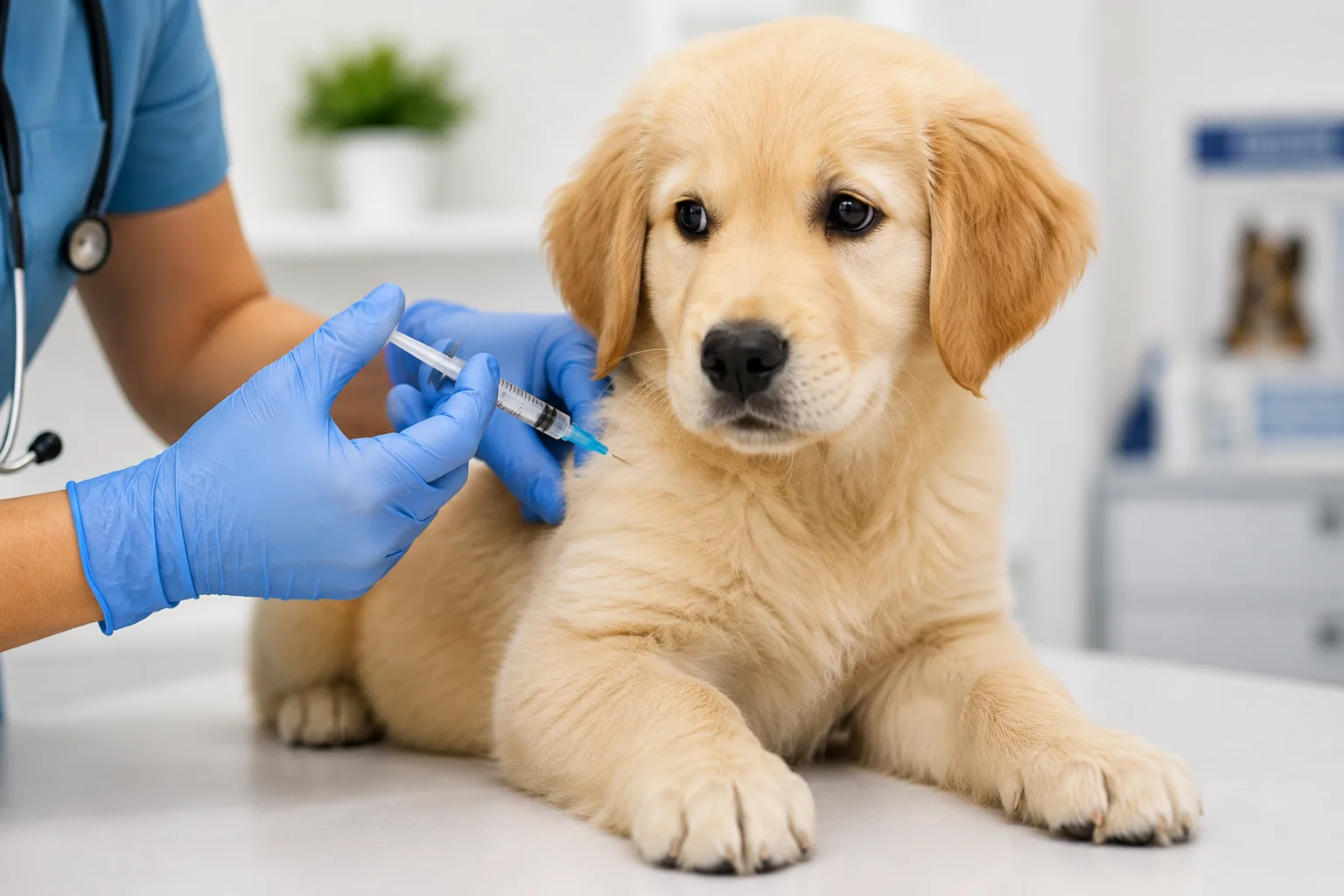 Filhote de cachorro recebendo vacina durante consulta veterinária