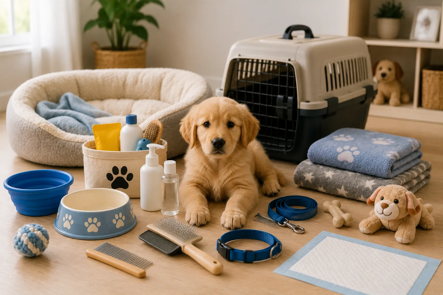 Itens essenciais do enxoval do novo pet organizados para chegada em casa