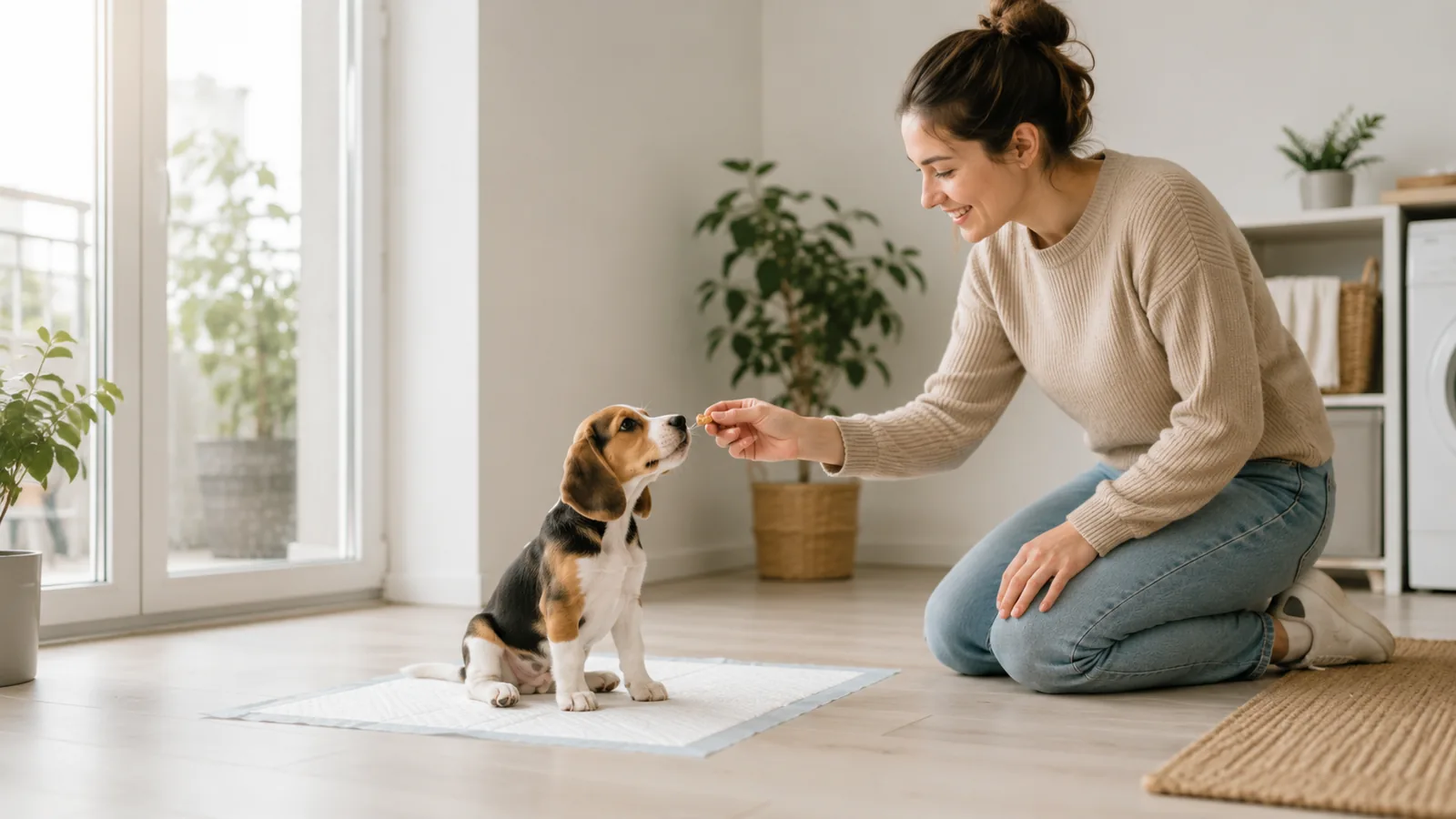 Filhote de cachorro aprendendo a fazer xixi no tapete higiênico