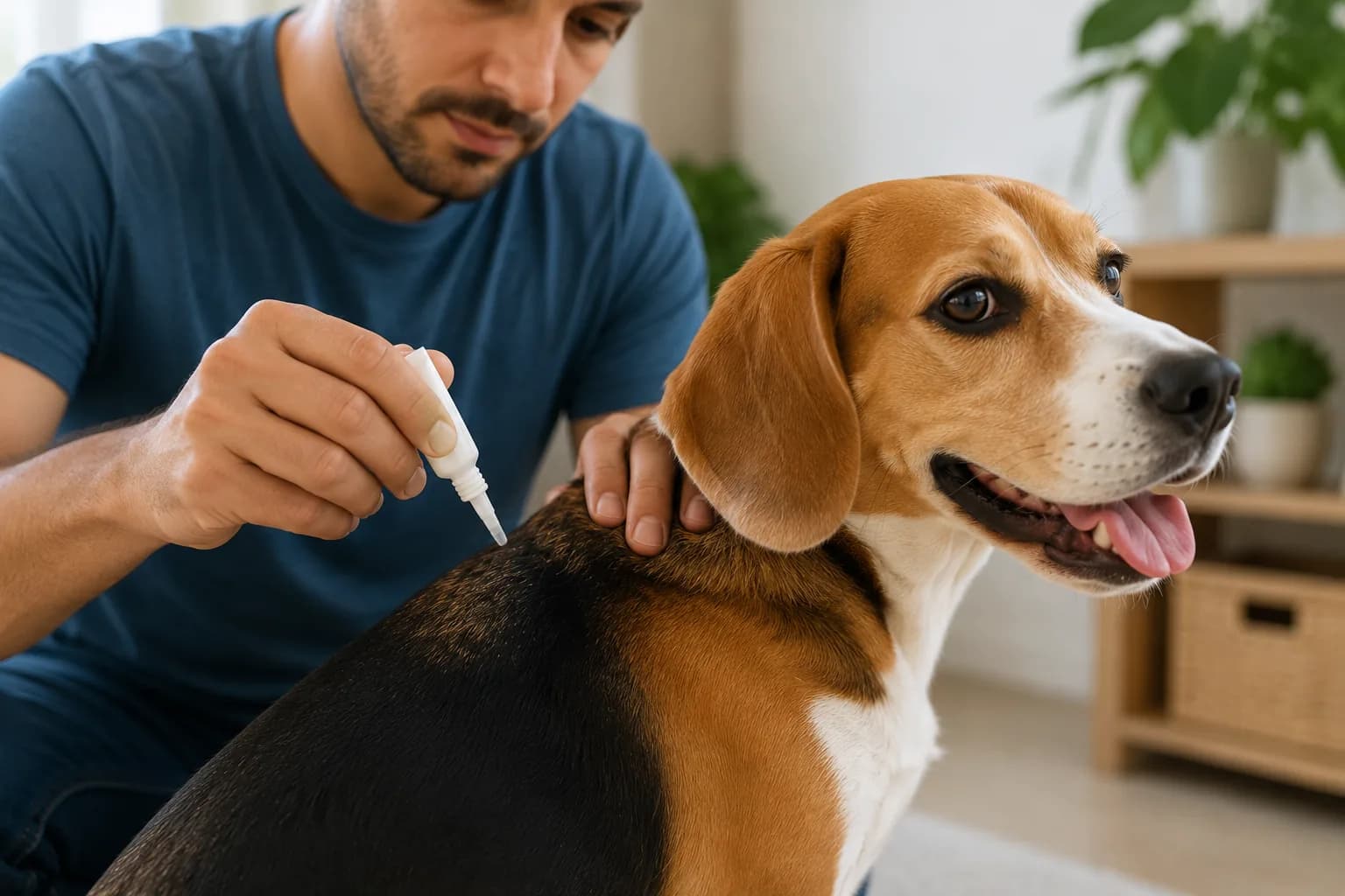 Cachorro em tratamento contra carrapatos com produto antiparasitário