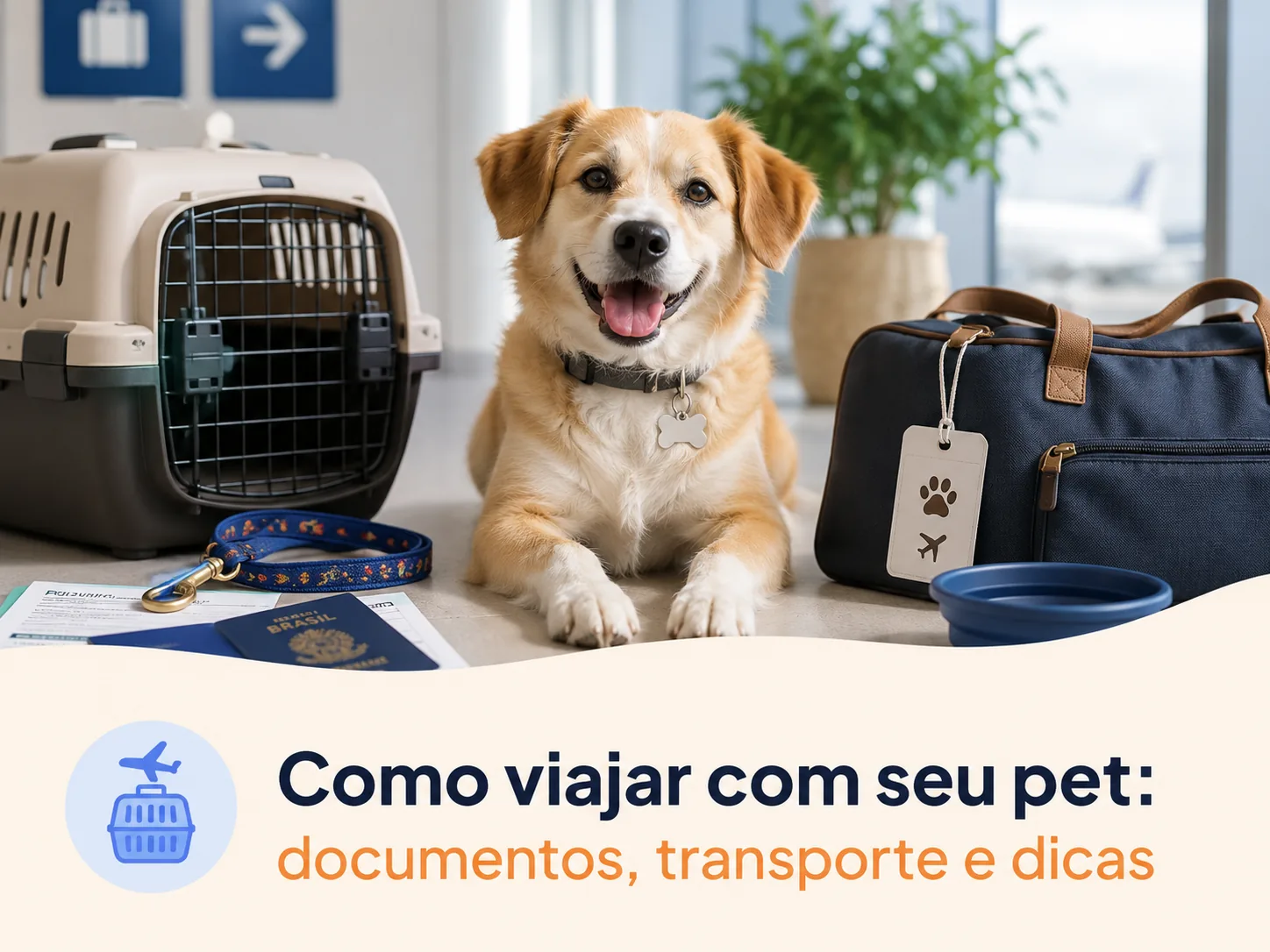 Cachorro pronto para viagem com caixa de transporte e documentação