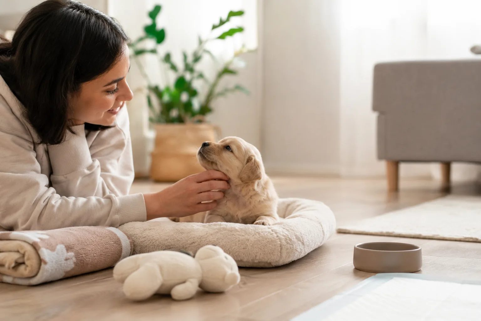 Filhote de cachorro recém-chegado em casa nos primeiros dias de adaptação
