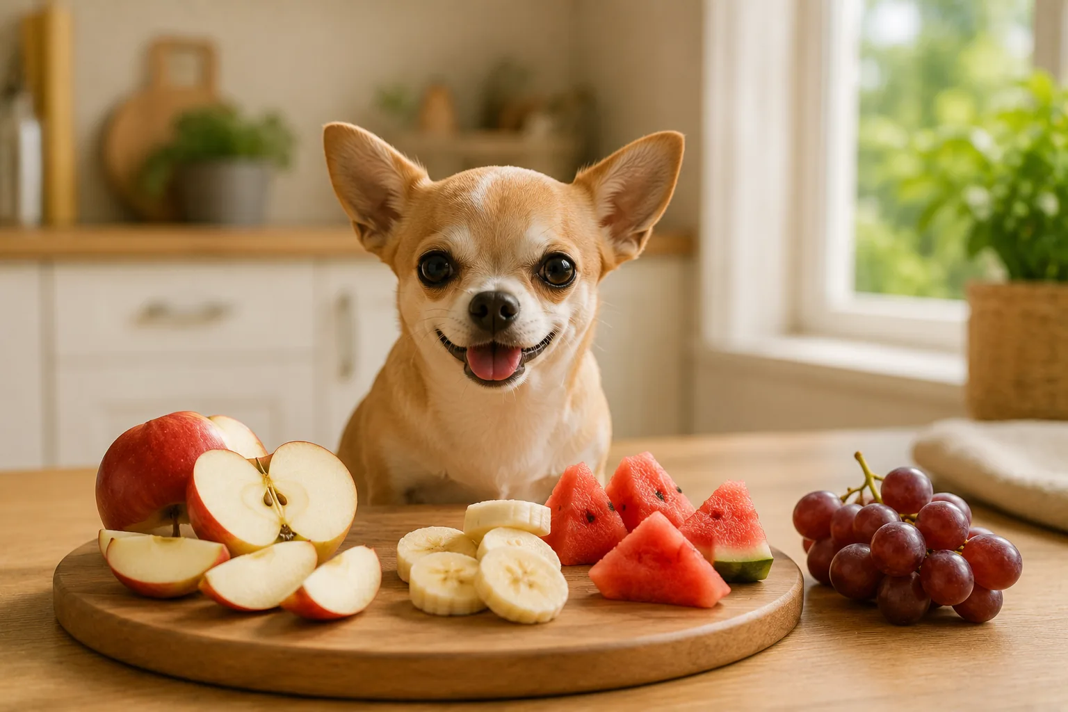 Cachorro ao lado de frutas seguras e proibidas demonstrando o que pode comer