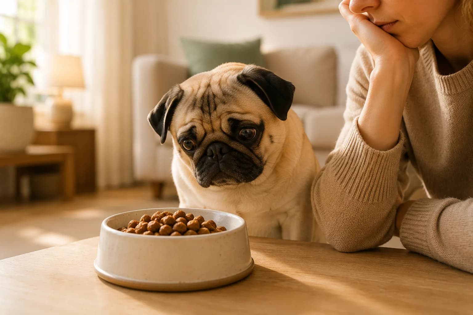 Cachorro desinteressado pela tigela de comida demonstrando inapetência