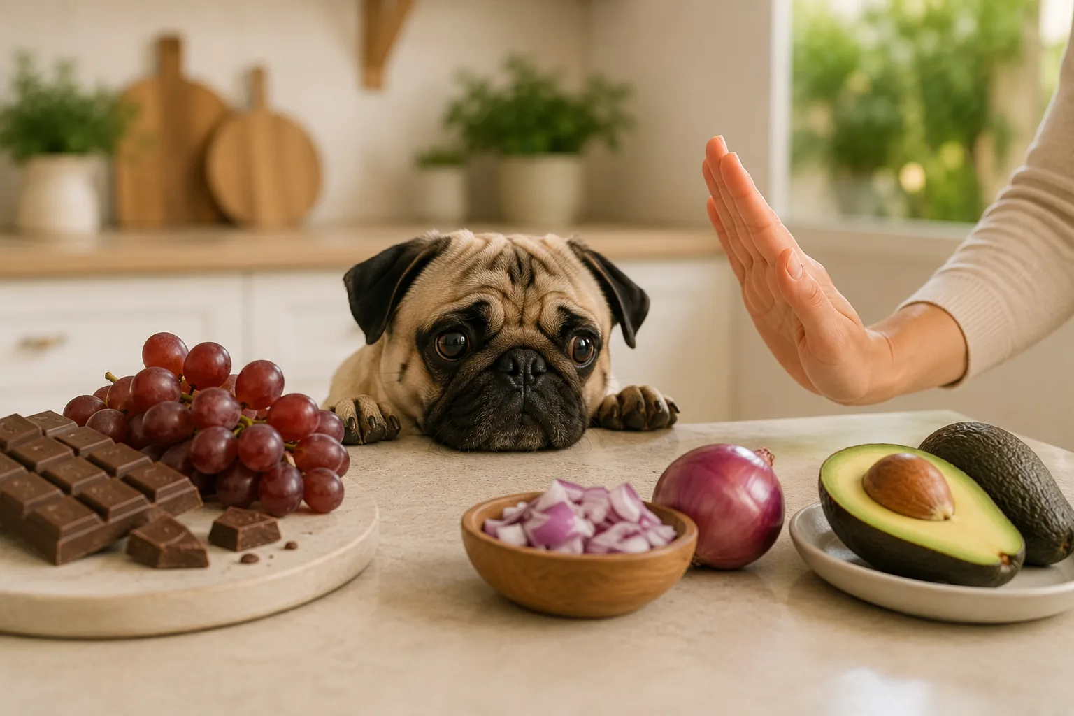 Cachorro próximo a alimentos proibidos como chocolate, uva e cebola