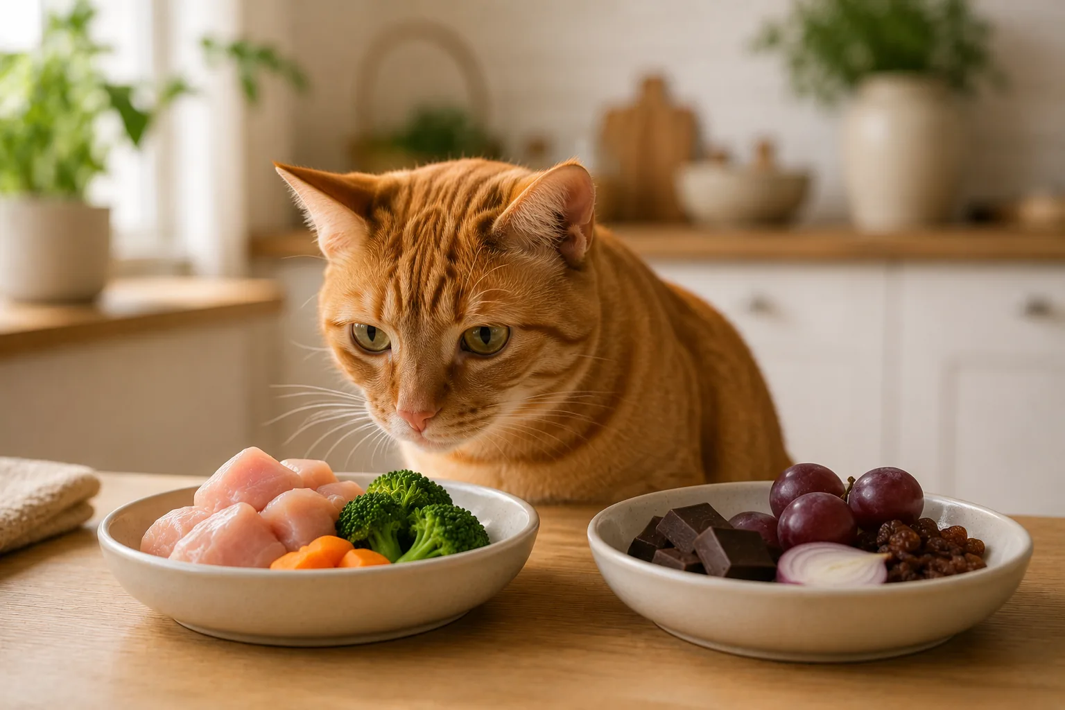 Gato ao lado de alimentos adequados e proibidos para felinos