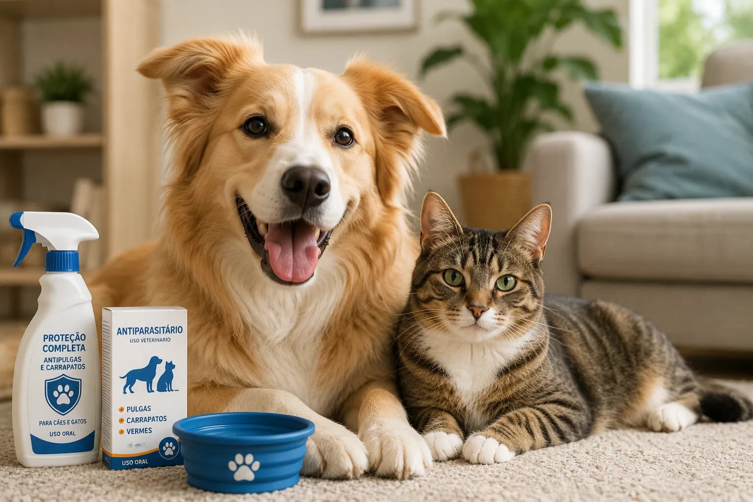 Cachorro e gato sendo tratados contra pulgas em ambiente doméstico