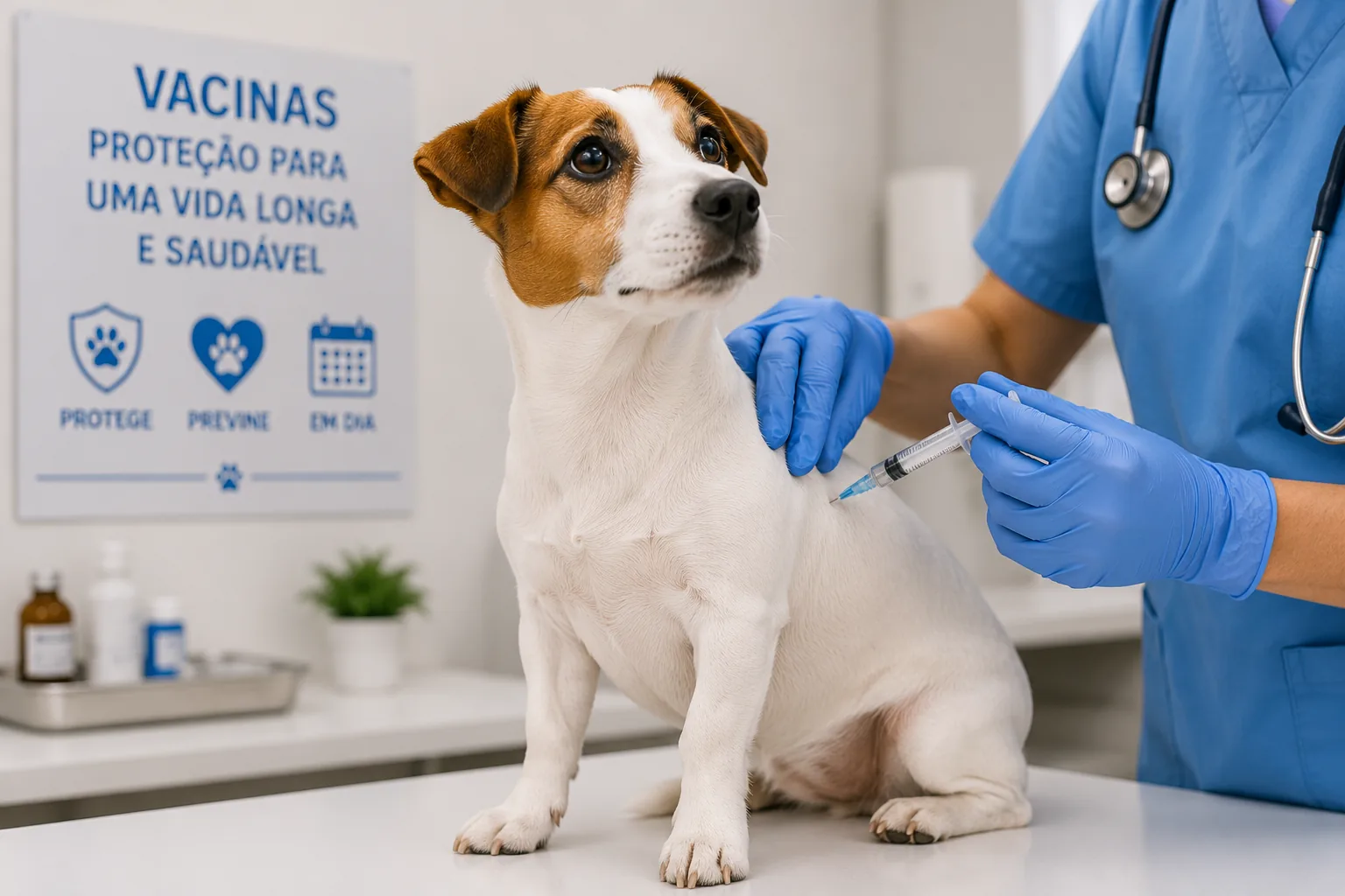 Cachorro recebendo vacina pelo veterinário ao lado da carteirinha vacinal
