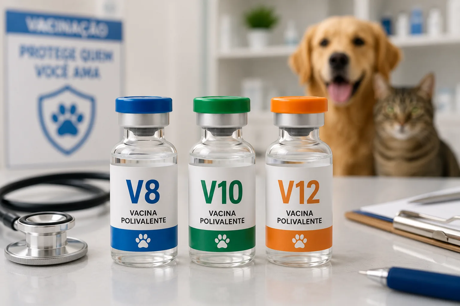 Frascos de vacina polivalente V8, V10 e V12 ao lado de cachorro em consulta