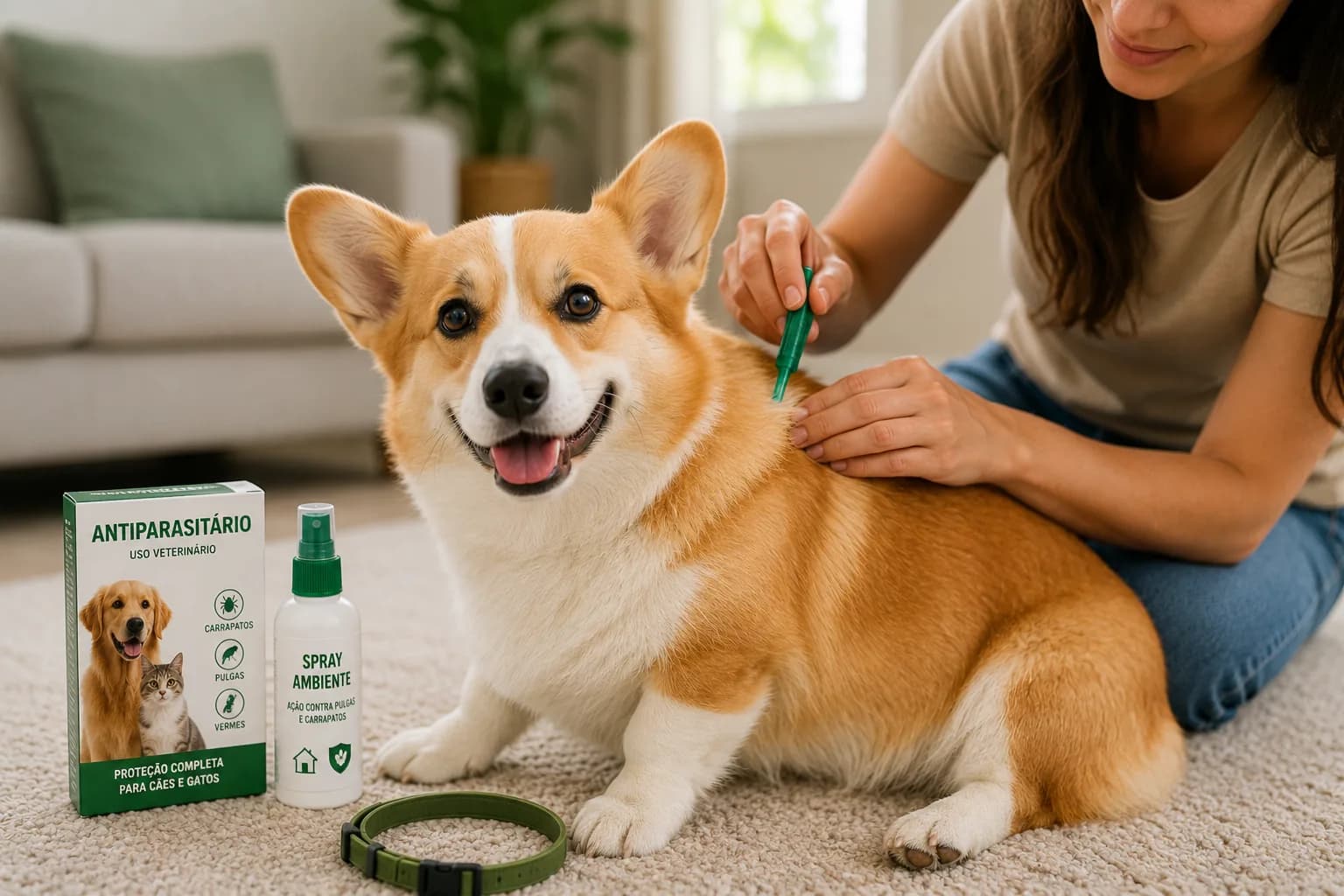 Tutor administrando vermífugo oral em cachorro durante rotina trimestral